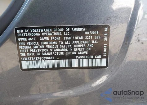 2016 Volkswagen Passat 1.8T S z USA, uszkodzony, nr VIN 1VWAT7A3XGC038662